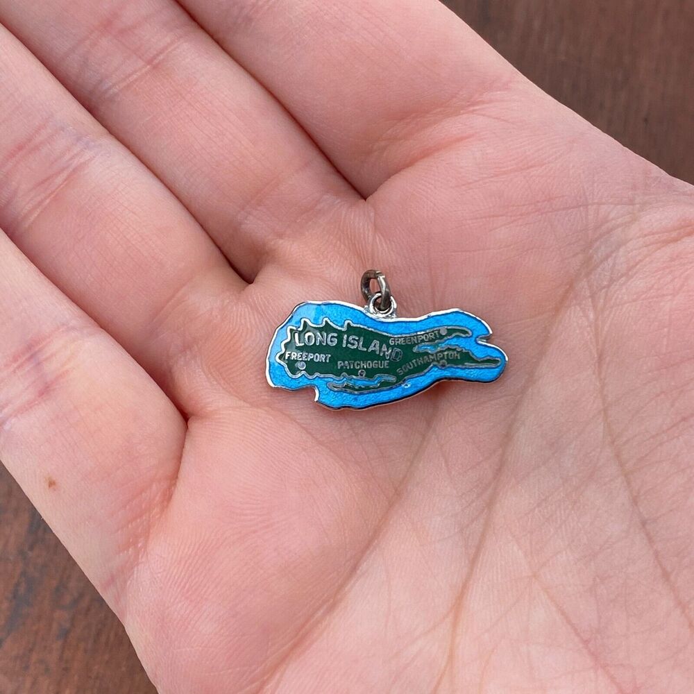 Vintage Wells 925 Sterling Silver Cloisonné "Long Island" Map Pendant Charm
